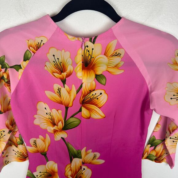M.M Womens 3/4 Sleeve Crewneck Chiffon Floral Pink/Yellow Tunic Blouse Medium - Picture 6 of 13